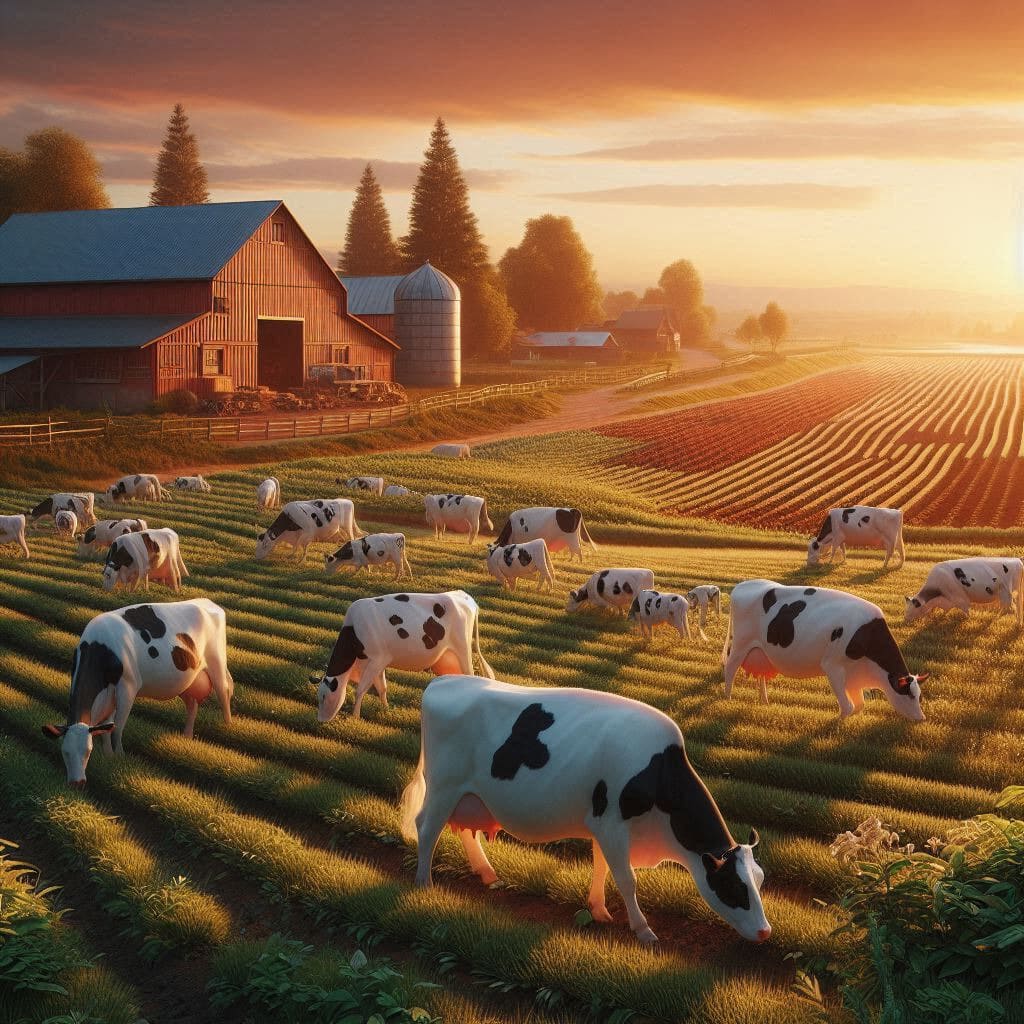 Imagen de una granja con campos sembrados y vacas pastando